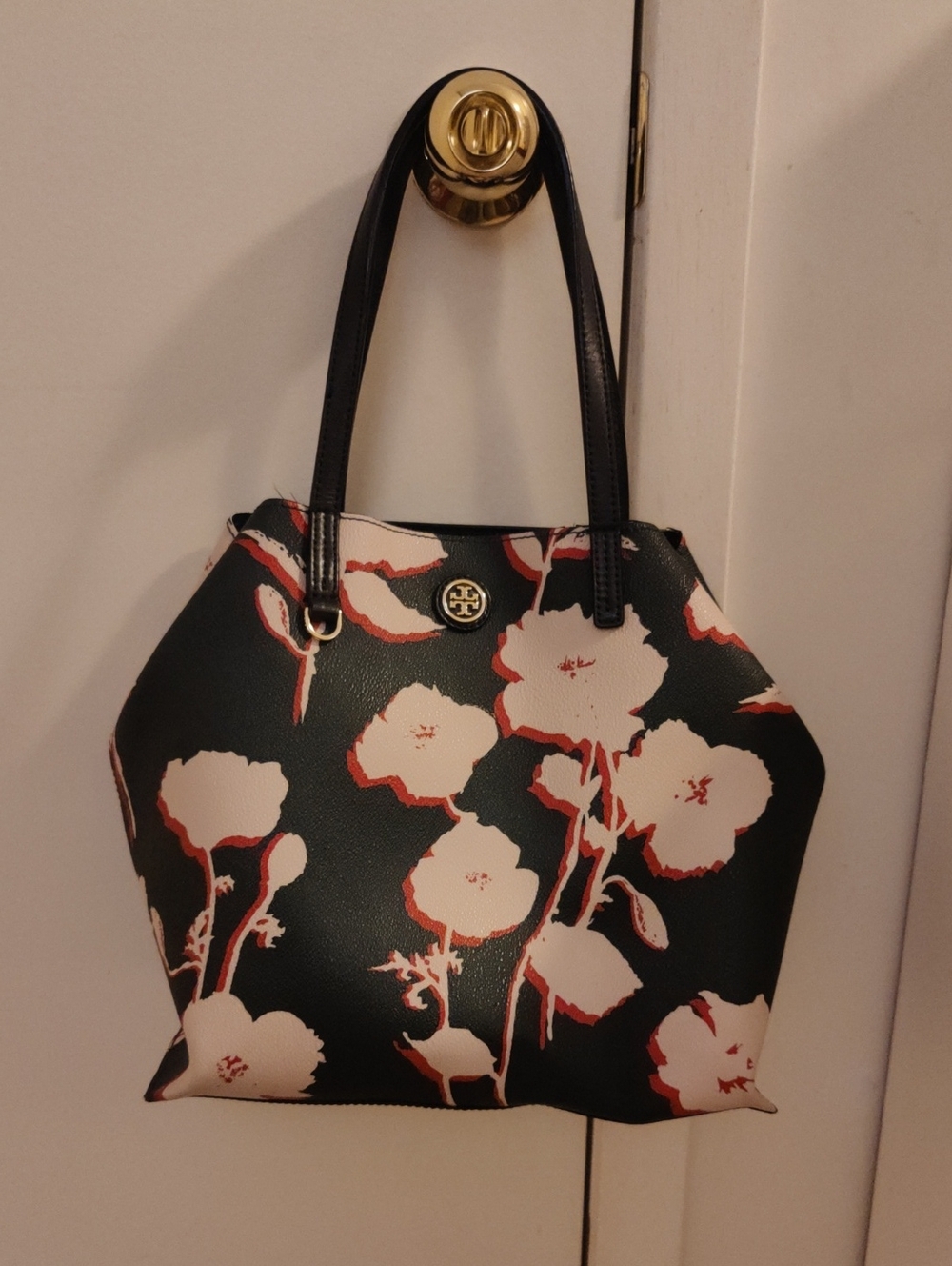 Tory Burch Black Floral Tote with Cream and Pink Accents